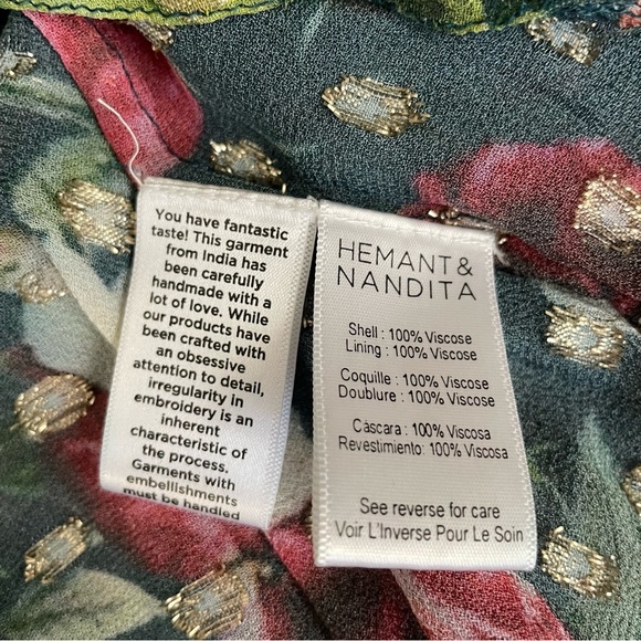 Hemant & Nandita Della Long Sleeve Mini Dress Green Floral Gold Size XS - Picture 8 of 11